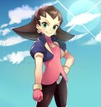  1girl black_pants blush brown_hair day earrings edboy eyebrows gloves green_eyes grin hairband hand_on_hip jewelry lips looking_at_viewer mega_man_(series) mega_man_legends outdoors pants parted_lips pink_gloves skull_earrings smile solo teeth tron_bonne_(mega_man) 