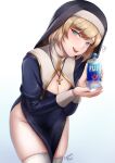  1girl absurdres black_robe blonde_hair blue_background blue_eyes bottle breasts caiman_pool cleavage_cutout clothing_cutout cross cross_necklace fiji_water gradient gradient_background habit heart highres holding holding_bottle jewelry leaning_forward long_sleeves looking_at_viewer mole mole_on_breast necklace nun original short_hair smile solo standing thighhighs water_bottle white_background white_legwear 