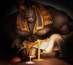  2022 abs anthro anubian_jackal anubis balls bedroom_eyes big_balls big_muscles big_nipples big_penis black_background bodily_fluids bottomwear canid canine canis claws clothed clothing cum cum_drip cum_pool deity dripping egyptian egyptian_mythology erection eyebrows facial_markings feathers foreskin front_view fur furniture gem genital_fluids genitals gold_(metal) hand_behind_back head_markings headdress headgear heart_(organ) hi_res huge_balls huge_muscles huge_penis humanoid_genitalia humanoid_penis ineffective_clothing jackal light lighting loincloth looking_at_viewer male mammal markings middle_eastern_mythology mosin muscular muscular_anthro muscular_male mythology narrowed_eyes navel nipples open_mouth open_smile organs pawpads pecs penis seductive shaded simple_background smile solo standing table teeth tongue topless topless_anthro topless_male tuft weighing_scale 