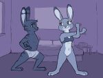 anthro bed bottomless bra cheek_tuft clothed clothing detailed_background digital_media_(artwork) disney duo duo_focus facial_tuft female fur furniture genitals grey_body grey_fur group head_tuft imminent_sex inside jack_savage judy_hopps lagomorph leporid male male/female mammal night pussy rabbit shirtless_(male) shirtless_male smile stretching striped_body striped_fur stripes tggeko topless tuft underwear zootopia 