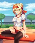  1girl ahoge black_legwear blonde_hair breasts buruma collarbone day edboy eyebrows_visible_through_hair fate/grand_order fate_(series) green_eyes hair_intakes highres large_breasts looking_at_viewer nero_claudius_(fate) nero_claudius_(olympian_bloomers)_(fate) outdoors see-through_shirt shirt solo thighhighs wet wet_clothes wet_shirt white_shirt 