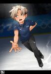  1boy child commentary_request figure_skating flexible highres ice ice_skates ice_skating kaminosaki leotard looking_to_the_side male_focus original short_hair skates skating solo 