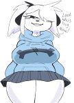  anthro big_breasts black_ears breasts canid canine canis clothing dialogue domestic_dog female hi_res hoodie looming low-angle_view mammal puppychan puppychan48 smug solo sweater talking_to_viewer taunting teeth thick_thighs toothy_grin topwear white_body wide_hips 