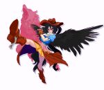  1girl bandana bangs black_hair black_wings blue_shirt boots breasts brown_headwear cowboy_boots cowboy_hat cowboy_western feathered_wings fingerless_gloves flannel full_body gloves grin hat horse_girl horse_tail kicking kurokoma_saki long_hair mmmmatimmmmati pixel_art ponytail red_eyes scarf shirt short_sleeves skirt smile spurs tail touhou wings wolf_spirit_(touhou) 