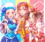  3girls breasts brown_eyes brown_hair dress earrings gensou_suikoden hat jewelry long_hair looking_at_viewer medium_hair meg_(suikoden) millie_(suikoden) multiple_girls open_mouth ponytail red_hair sakai_(motomei) smile tengaar_(suikoden) 