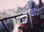  1girl artist_name bangs bare_shoulders black_dress black_gloves blurry blurry_background building city_lights cityscape cyue dress flower gloves hair_flower hair_ornament highres honkai_(series) honkai_impact_3rd looking_at_viewer looking_back open_mouth outdoors painttool_sai_(medium) red_eyes red_flower red_rose rose sky solo strapless strapless_dress sunrise theresa_apocalypse theresa_apocalypse_(luna_kindred) twintails white_hair 