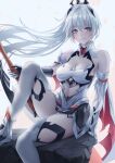  1girl absurdres bangs bare_shoulders blue_eyes breasts cleavage closed_mouth english_commentary hair_between_eyes hair_ornament highres holding holding_sword holding_weapon honkai_(series) honkai_impact_3rd kiana_kaslana kiana_kaslana_(herrscher_of_flamescion) leg_up looking_at_viewer petals revision sitting smile solo sword turbulence weapon white_hair 