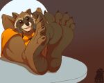  5_toes anthro big_feet brown_body brown_eyes brown_fur claws cute_fangs disembodied_penis edit feet foot_fetish fur genitals guardians_of_the_galaxy hands_behind_head hi_res human humanoid_feet male mammal marvel penis procyonid raccoon rocket_raccoon smile soles solo solo_focus teasing toe_claws toes zp92 