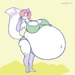  2017 annie_(satsumalord) anthro belly big_belly bikini blush butt canid canine clothing digital_media_(artwork) female fox hair hand_on_stomach hyper hyper_belly hyper_pregnancy mammal navel outie_navel pregnant red_hair satsumalord sketch solo swimwear 