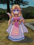  1girl absurdres artist_name blonde_hair blue_eyes breasts collarbone day earrings eyebrows full_body hand_on_hip highres jewelry kemori large_breasts looking_at_viewer outdoors pointy_ears princess_zelda solo standing the_legend_of_zelda the_legend_of_zelda:_ocarina_of_time 