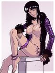  bb bottomless breasts coat covering fingerless_gloves ganassa huge_breasts keys leg_lift naughty_face nico_robin no_bra no_panties one_piece rings sitting smile topless 