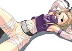  1girl armpits arms_behind_head arms_up bandage bandages black_eyes blonde_hair bottomless censored chain chains cum cum_on_body cum_on_clothes cum_on_lower_body cum_on_pussy facial forehead_protector from_above long_hair lying naruto no_panties on_back pussy solo tasaka_shinnosuke yamanaka_ino 
