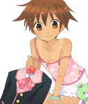  bad_id bad_pixiv_id bloomers bracelet brown_eyes brown_hair camisole child chita clothes_hanger crossdressing highres jewelry looking_at_viewer male_focus nipple_slip nipples original otoko_no_ko school_uniform shirt_tan short_hair simple_background smile solo strap_slip stuffed_animal stuffed_toy tan tanline teddy_bear underwear white_background 