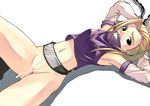  1girl armpits arms_behind_head arms_up black_eyes blonde_hair bottomless censored chain chains cum cum_on_body cum_on_clothes cum_on_lower_body cum_on_pussy facial forehead_protector from_above long_hair lying naruto no_panties on_back pussy solo tasaka_shinnosuke yamanaka_ino 