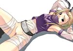  1girl armpits arms_behind_head arms_up bandage bandages black_eyes blonde_hair bottomless censored chain chains forehead_protector from_above long_hair lying naruto no_panties on_back pussy solo tasaka_shinnosuke yamanaka_ino 