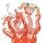  barefoot bi-nyo blush breasts consensual_tentacles consensual_vore flat_chest hair_bobbles hair_ornament medium_breasts monster nipples nude open_mouth pukao restrained simple_background slime small_breasts smile tentacle twintails vore white_background 