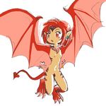  1girl bi-nyo blush breasts claws earrings female jewelry lowres monster_girl nipples nude open_mouth piercing pubic_hair pukao red_eyes red_hair simple_background small_breasts solo tail white_background wings 