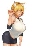  1girl animal_ear_fluff animal_ears bare_shoulders blonde_hair breasts chanta_(ayatakaoisii) commentary_request cowboy_shot elbow_pads extra_ears fox_ears gym_shirt gym_shorts highres large_breasts looking_at_viewer open_mouth shirt short_hair shorts sleeveless sleeveless_shirt smile solo sportswear sweat touhou volleyball_uniform yakumo_ran yellow_eyes 