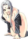  1girl all_fours black_eyes breasts cleavage clenched_teeth cum cum_on_body cum_on_breasts cum_on_upper_body cumdrip facial facial_mark female forehead_mark jewelry large_breasts long_hair naruto necklace nipples open_clothes simple_background solo tasaka_shinnosuke teeth tsunade white_background white_hair 