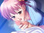  bangs blush censored character_request japanese_clothes lick licking pink_hair solo_focus source_request 