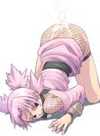  1girl ass cum cum_on_ass cum_on_body cum_on_lower_body cumdrip female fishnets forehead_protector naruto no_panties overflow pink_eyes pink_hair quad_tails simple_background solo tasaka_shinnosuke temari top-down_bottom-up white_background 