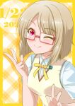  1girl absurdres bangs birthday blush bob_cut breasts bunji commentary dated double_v eyebrows_visible_through_hair glasses grey_hair highres looking_at_viewer love_live! love_live!_nijigasaki_high_school_idol_club nakasu_kasumi nijigasaki_academy_uniform one_eye_closed pink-framed_eyewear red_eyes short_hair sidelocks signature small_breasts solo tongue tongue_out upper_body v 