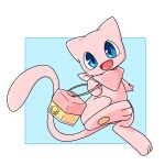  1:1 3_toes 4_fingers ambiguous_gender blue_background blue_eyes container explorer_badge feet feral fingers hi_res legendary_pok&eacute;mon looking_at_viewer mew monotone_body nintendo open_mouth pink_body pink_scarf pok&eacute;mon pok&eacute;mon_(species) scarf simple_background solo toes tongue video_games white_background ちゃば 