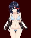  1girl absurdres black_hair blue_eyes bra breasts closed_mouth highres jacket jacket_partially_removed kill_la_kill matoi_ryuuko navel panties porougon red_hair simple_background standing stomach striped striped_bra striped_panties thigh_gap underwear 