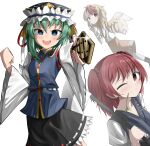  3girls :d ;) animal_on_head asymmetrical_hair balance_scale bangs bird bird_on_head bird_wings black_skirt blonde_hair blue_eyes blue_vest chick closed_mouth eyebrows_visible_through_hair frilled_hat frills green_hair hair_bobbles hair_ornament hat hat_ribbon holding holding_scythe in_mouth juliet_sleeves long_sleeves looking_at_viewer multicolored_hair multiple_girls niwatari_kutaka on_head one_eye_closed onozuka_komachi open_mouth orange_skirt puffy_sleeves red_eyes red_hair ribbon ribbon-trimmed_skirt ribbon_trim rod_of_remorse scythe shiki_eiki short_hair simple_background skirt smile spam_(spamham4506) touhou two-tone_hair two_side_up vest weighing_scale white_background wide_sleeves wings yellow_wings 