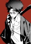  1boy bear collarbone earrings facial_hair greyscale highres japanese_clothes jewelry katana looking_at_viewer looking_up monochrome mugen_(samurai_champloo) nanase_miri red_background samurai_champloo simple_background sketch solo stubble sword weapon 