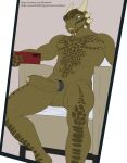  accessory anthro archshen argonian balls bethesda_softworks blue_eyes chin_spikes clock erection facial_spikes foreskin genitals hi_res horn humanoid_genitalia humanoid_penis male mirror mirror_selfie muscular muscular_male nude partially_retracted_foreskin penis penis_accessory phone presenting presenting_penis scalie selfie shen_(archshen) sitting solo spikes spikes_(anatomy) the_elder_scrolls video_games watch 