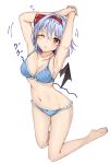  1girl ;o absurdres amagi_(amagi626) armpits arms_up bangs barefoot bat_wings blue_bra blue_panties blush bow bow_panties bra breasts cleavage collarbone commentary_request eyelashes full_body highres kneeling light_blue_hair looking_at_viewer medium_breasts mini_wings navel one_eye_closed open_mouth panties red_eyes remilia_scarlet shiny shiny_hair short_hair simple_background solo stomach thighs touhou underwear white_background wings 