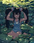  1girl :o absurdres animal_ear_fluff animal_ears arms_up bangs bare_arms bare_legs black_hair blue_tank_top blush cat_ears cat_girl collarbone dappled_sunlight day flat_chest green_eyes hair_between_eyes highres holding holding_hair kgt_(pixiv12957613) leaf lily_pad long_hair looking_at_viewer nature open_mouth original outdoors plant sidelocks signature sitting solo sunlight tank_top twintails wariza water water_drop 