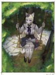  absurd_res blonde_hair canid canine canis clothed clothing female gfox404 grey_body hair hi_res mammal outside purple_eyes solo swing white_body wolf 