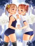  2girls angel_wings ass black_legwear blue_buruma blue_swimsuit blush braid breasts brown_eyes brown_hair buruma commentary feathered_wings feathers forest from_behind gym_uniform highres holding_hands interlocked_fingers long_hair looking_at_viewer looking_back multiple_girls nature one-piece_swimsuit open_mouth original outdoors revision ribbon school_swimsuit shirt short_hair short_sleeves small_breasts smile swimsuit thighhighs thighs tongue tongue_out tree twin_braids twintails wadachitokakeru white_legwear white_shirt wings 