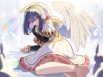  1girl angel_wings animal barefoot blue_hair bunny capelet colored_skin commentary_request eyebrows_visible_through_hair falken_(yutozin) hair_between_eyes hairband halo legs looking_at_viewer original red_eyes white_capelet white_skin white_wings wings yellow_hairband 