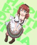  1girl bangs birthday blue_eyes blush boots breasts brown_hair character_name cleavage commentary drill_hair emma_verde english_text eyebrows_visible_through_hair flower freckles green_background hair_flower hair_ornament happy_birthday highres large_breasts long_hair looking_at_viewer love_live! love_live!_nijigasaki_high_school_idol_club maruyo solo 