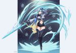  1girl absurdres bangs blue_hair boots breasts cleavage eula_(genshin_impact) feet full_body genshin_impact gloves hairband high_heels highres legs navel short_hair snow thick_thighs thigh_boots thighhighs thighs user_srde2235 