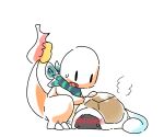  ambiguous_gender blue_body blush bodily_fluids charmander duo embarrassed fangs feral fire green_scarf monotone_body nintendo open_mouth orange_body pok&eacute;mon pok&eacute;mon_(species) scarf simple_background squirtle sweat sweatdrop tail_flame tongue video_games white_background ちゃば 