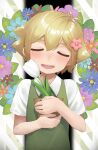  1boy basil_(omori) blue_flower commentary_request diagonal_stripes flower flower_pot highres male_focus monosenbei object_hug omori pink_flower purple_flower solo striped striped_background tulip white_flower 