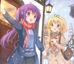  2girls :d absurdres bag black_jacket black_skirt blonde_hair blue_sky blue_sweater blush brown_capelet brown_coat brown_scarf building capelet coat commentary_request day fringe_trim gochuumon_wa_usagi_desu_ka? green_eyes highres holding_hands jacket kirima_sharo lantern long_hair long_sleeves multiple_girls open_clothes open_jacket outdoors outstretched_arm pink_scarf pointing purple_eyes purple_hair scarf shoulder_bag skirt sky sleeves_past_wrists smile snowing stick_jitb sweater tedeza_rize tower twintails very_long_hair window 