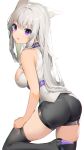  1girl adjusting_clothes adjusting_legwear akizone animal_ears ass bangs black_footwear black_legwear black_shorts blush breasts eyebrows_visible_through_hair feet_out_of_frame from_behind high_heels highres large_breasts leg_up long_hair looking_at_viewer looking_back original purple_eyes shirt short_shorts shorts sideboob sidelocks silver_hair simple_background skindentation sleeveless sleeveless_shirt solo standing standing_on_one_leg thighhighs underbust very_long_hair white_background white_shirt 