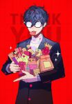  1boy absurdres amamiya_ren background_text bangs black_hair black_jacket bow box btmr_game food gift gift_box glasses hair_between_eyes heart highres holding jacket male_focus mouth_hold opaque_glasses persona persona_5 red_background school_uniform shuujin_academy_uniform signature simple_background solo sparkle symbol-shaped_pupils thank_you 