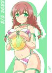 1girl absurdres ball bikini birthday blush braid breasts brown_hair bunji collarbone commentary dated emma_verde eyebrows_visible_through_hair freckles green_background green_eyes highres holding holding_ball large_breasts long_hair looking_at_viewer love_live! love_live!_nijigasaki_high_school_idol_club shiny shiny_skin smile solo swimsuit twin_braids two-tone_background underboob white_background 