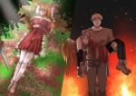  1boy 1girl absurdres carrying carrying_person corpse death detached_sleeves dress faceless faceless_male fire flower funeral_dress ghhoward gloves highres jewelry leaf long_hair original pantyhose pendant pillow princess_carry skirt sword thighhighs weapon 