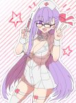  1girl bangs bb_(bb_shot!)_(fate) bb_(fate) blush breasts choker cleavage collarbone dress fate/grand_order fate_(series) glasses hair_ribbon hat highres large_breasts long_hair looking_at_viewer nurse_cap one_eye_closed open_mouth pink_ribbon purple_eyes purple_hair ribbon robina short_dress short_sleeves smile solo syringe thighhighs thighs very_long_hair w white_choker white_dress white_headwear white_legwear wrist_cuffs 
