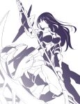  1girl absurdres alice_gear_aegis bangs boots breasts highres holding holding_scythe ishiyumi kagome_misaki large_breasts leotard long_hair looking_to_the_side mecha_musume metal_boots mole mole_under_eye monochrome purple_eyes science_fiction scythe solo spot_color thigh_boots thighhighs white_background 