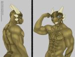  anthro archshen argonian bethesda_softworks blue_eyes chin_spikes facial_spikes flexing_bicep horn looking_at_viewer male multiple_images muscular muscular_male scalie shen_(archshen) smile solo spikes spikes_(anatomy) standing teeth the_elder_scrolls video_games 