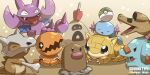  +_+ black_eyes claws closed_eyes commentary_request cubone designer_ojisan diglett fangs gligar happy highres open_mouth phanpy poke_ball pokemon pokemon_(creature) safari_ball sandile sandshrew sandygast star_(symbol) tongue tongue_out trapinch twitter_username wavy_mouth wooper 