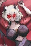  1girl absurdres bed bed_sheet black_bra black_horns bra breasts cleavage danaoharah demon_girl demon_horns english_commentary glowing glowing_eyes helltaker highres horns large_breasts looking_at_viewer lying malina_(helltaker) on_back red_eyes red_shirt shirt short_hair sleeves_rolled_up unbuttoned underwear undressing vest white_hair 